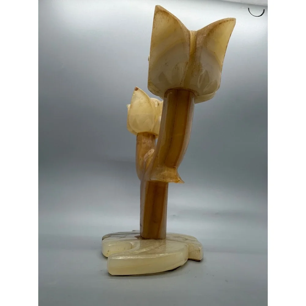 Vintage Onyx Stone Double Tulip Candle Holder Hand Carved Tan Cream 6in Heavy